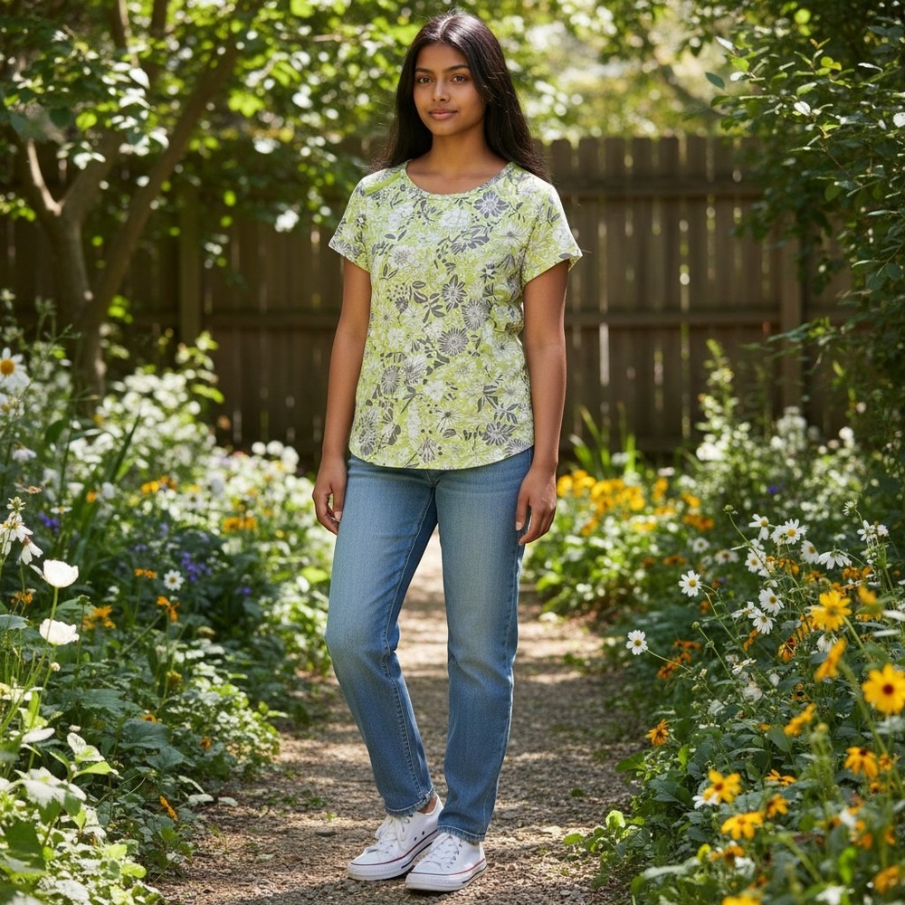 Columbia Ida Grove Slub Tee Medium Firefly Multi NWT Floral Short Sleeve AL2345